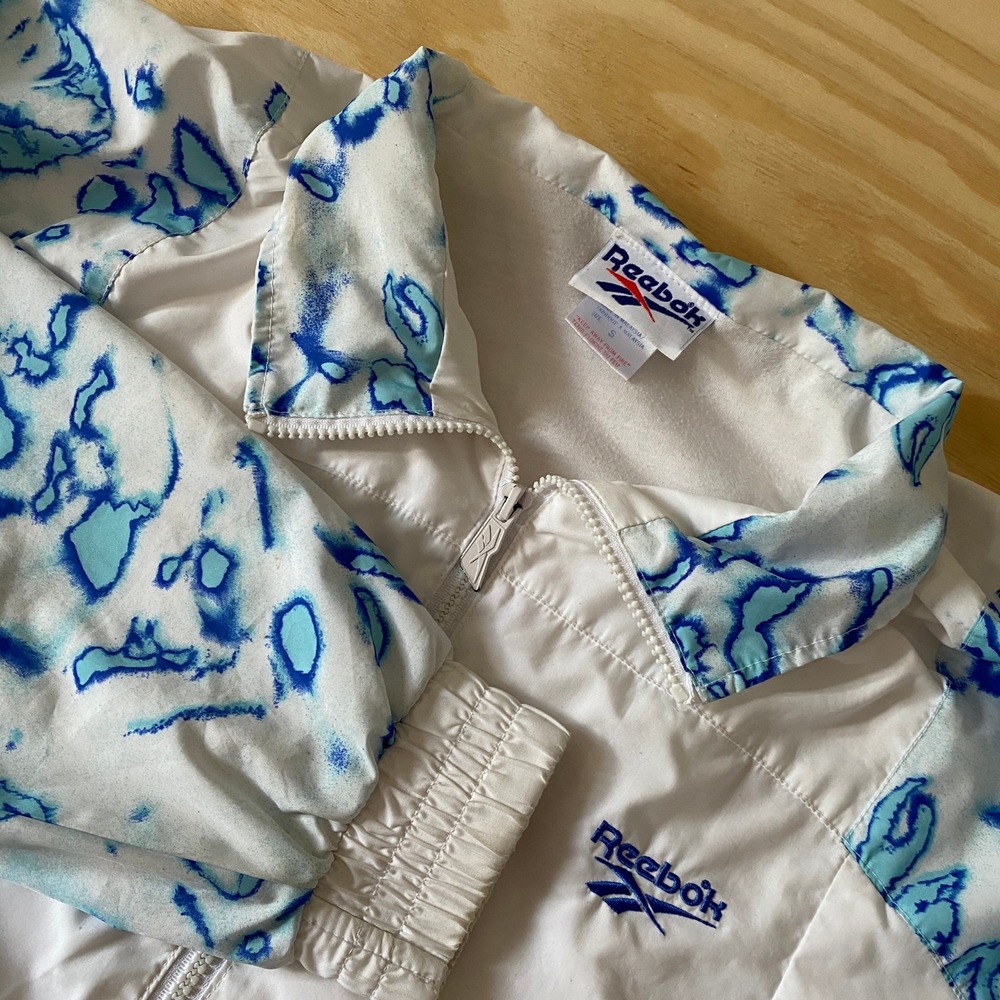VTG Reebok Windbreaker Jacket Full Zip Blue White Patterned Lightweight Small
